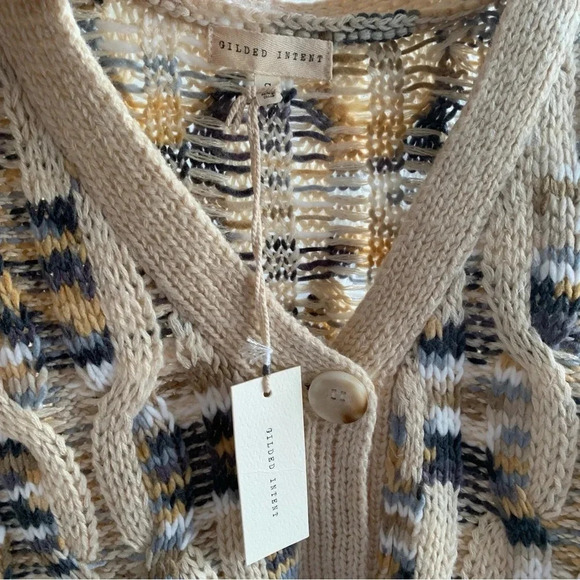 Gilded Intent Cable Knit Cardigan Sweater Cream Blue Camel Tones Size Small - Picture 9 of 12